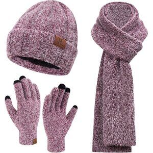 Women's Wine Red Warm Knit Beanie Hat Touchscreen Gloves Long Neck Scarf Set